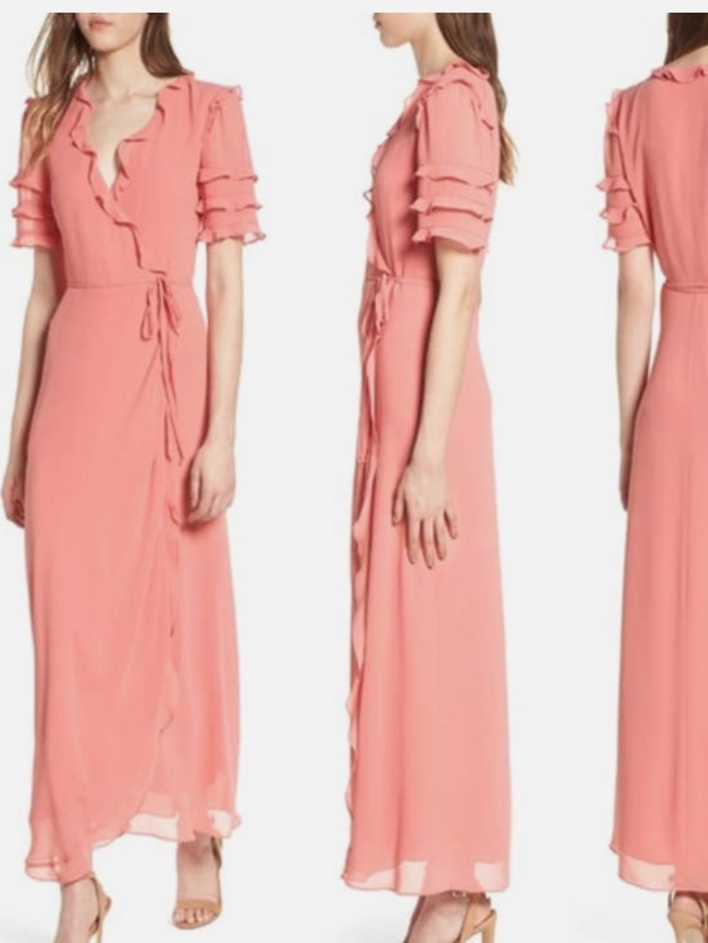 NWT Wayf Coral Rose Ruffle Wrap Maxi Dress